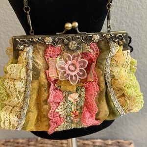 Vintage Cottagecore Embellished Fabric & Lace Clutch With Chain Shabby Chic